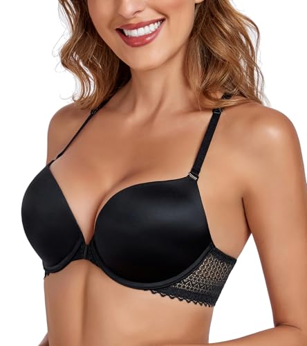 Lemorosy Damen Push Up BH mit Bügel Vorne Verschließbar V-Ausschnitt Tief Große Größen Gepolstert mit Böhmischen Rücken Multiway Träger (Schwarz,85B) von Lemorosy