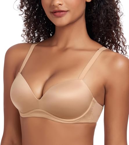 Lemorosy Nahtlos Push Up T-Shirt BH Ohne Bügel Gepolstert Bügellos Große Größen Starker Halt V-Ausschnitt Komfort Bequem Plunge Multiway BHS Beige 85E von Lemorosy