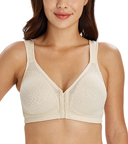Lemorosy BH Damen Ohne Bügel Komfort Große Größen Starker Halt Vorne Verschluss Rückenstütze Ungepolstert Bügelloser Klassischer BH Bralette(Beige,90F) von Lemorosy