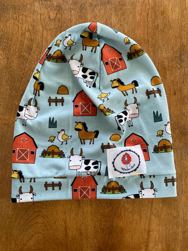 Tuque Slouchy Mütze Hut Für Baby Kind Junior Frühling Herbst Das Schaf Roux Blaue Farm Kuh Pferd Hühner Bauern von Lemoutonroux