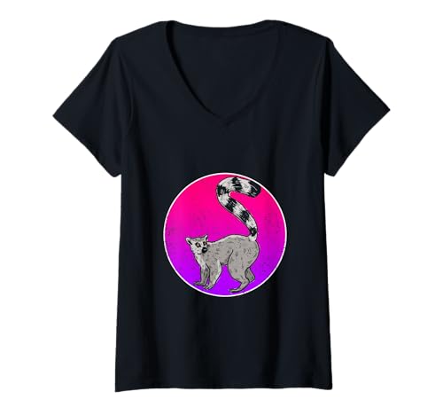 Damen Buntes Lemur T-Shirt mit V-Ausschnitt Damen Buntes Lemur T-Shirt mit V-Ausschnitt von Lemur Tiermotiv Geschenk