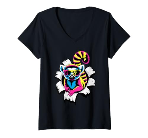 Damen Gerissener Papiereffekt Lemur Sonnenbrille Lemuren T-Shirt mit V-Ausschnitt Damen Gerissener Papiereffekt Lemur Sonnenbrille Lemuren T-Shirt mit V-Ausschnitt von Lemurs Lemur Lover Gifts
