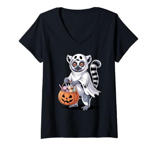 Damen Halloween Lemur Geist Kürbis Süßes Oder Saures Süßigkeiten T-Shirt mit V-Ausschnitt von Lemurs Lemur Lover Gifts