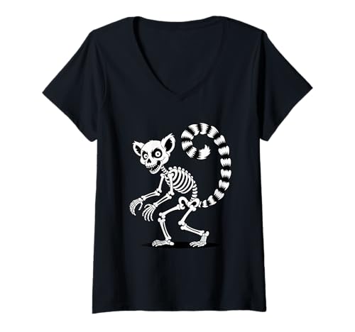 Damen Halloween Lemur Skelett Gruseliger Lemuren T-Shirt mit V-Ausschnitt Damen Halloween Lemur Skelett Gruseliger Lemuren T-Shirt mit V-Ausschnitt von Lemurs Lemur Lover Gifts