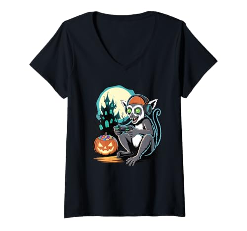 Damen Halloween Zombie Lemur Gamer Verlassenes Schloss Gaming T-Shirt mit V-Ausschnitt Damen Halloween Zombie Lemur Gamer Verlassenes Schloss Gaming T-Shirt mit V-Ausschnitt von Lemurs Lemur Lover Gifts