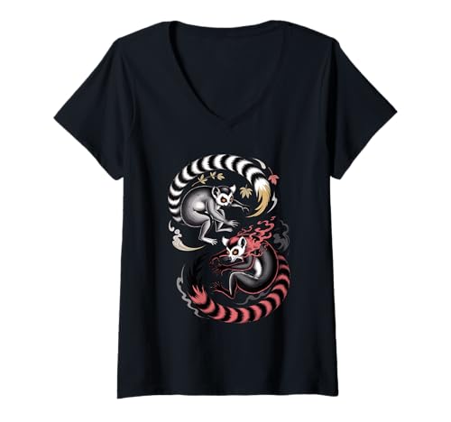 Damen Japanische Kunst Lemur Gut Und Teuflische Lemuren T-Shirt mit V-Ausschnitt Damen Japanische Kunst Lemur Gut Und Teuflische Lemuren T-Shirt mit V-Ausschnitt von Lemurs Lemur Lover Gifts