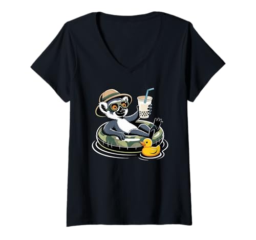 Damen Lemur Boba Perlen Milchtee Lemuren T-Shirt mit V-Ausschnitt von Lemurs Lemur Lover Gifts