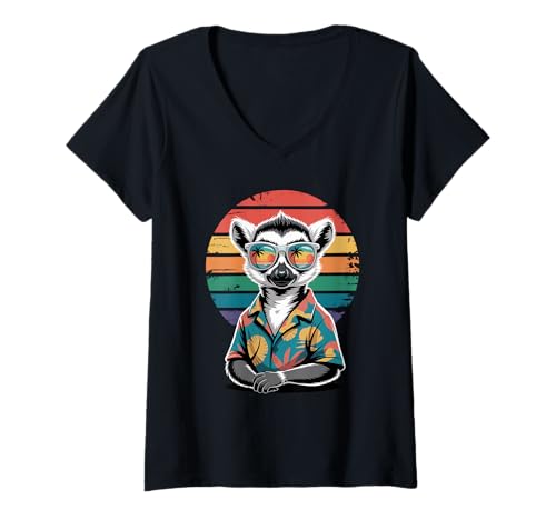 Damen Lemur Sonnenbrille Hawaii Strand Sommer Urlaub T-Shirt mit V-Ausschnitt von Lemurs Lemur Lover Gifts