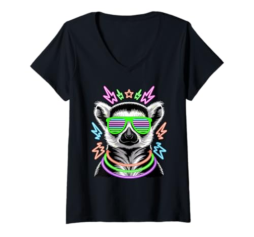 Damen Party Lemur Sonnenbrille Lemuren T-Shirt mit V-Ausschnitt Damen Party Lemur Sonnenbrille Lemuren T-Shirt mit V-Ausschnitt von Lemurs Lemur Lover Gifts