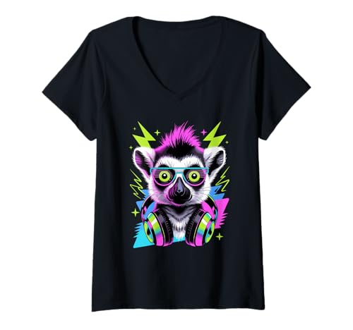 Damen Punk Ära Stil Lemur Sonnenbrille Lemuren T-Shirt mit V-Ausschnitt Damen Punk Ära Stil Lemur Sonnenbrille Lemuren T-Shirt mit V-Ausschnitt von Lemurs Lemur Lover Gifts