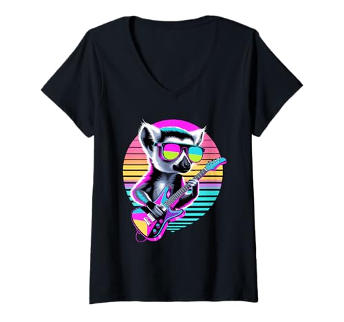 Damen Retro Lemur Gitarrist Lemuren Gitarre T-Shirt mit V-Ausschnitt Damen Retro Lemur Gitarrist Lemuren Gitarre T-Shirt mit V-Ausschnitt von Lemurs Lemur Lover Gifts