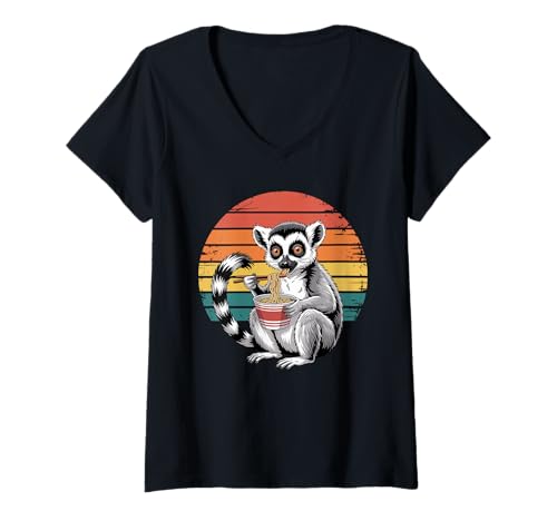 Damen Retro Lemur Instant Cup Nudeln Lemuren T-Shirt mit V-Ausschnitt Damen Retro Lemur Instant Cup Nudeln Lemuren T-Shirt mit V-Ausschnitt von Lemurs Lemur Lover Gifts