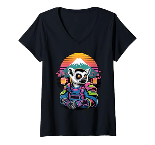 Damen Retro Lemur Samurai Lemuren T-Shirt mit V-Ausschnitt Damen Retro Lemur Samurai Lemuren T-Shirt mit V-Ausschnitt von Lemurs Lemur Lover Gifts