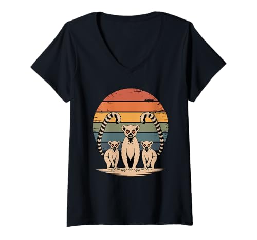 Damen Retro Sonnenuntergang Lemur Silhouette Lemuren T-Shirt mit V-Ausschnitt Damen Retro Sonnenuntergang Lemur Silhouette Lemuren T-Shirt mit V-Ausschnitt von Lemurs Lemur Lover Gifts