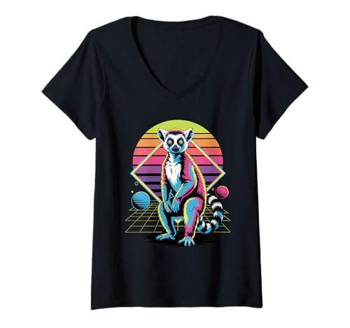 Damen Retro Synthwave Lemur Lemuren T-Shirt mit V-Ausschnitt Damen Retro Synthwave Lemur Lemuren T-Shirt mit V-Ausschnitt von Lemurs Lemur Lover Gifts