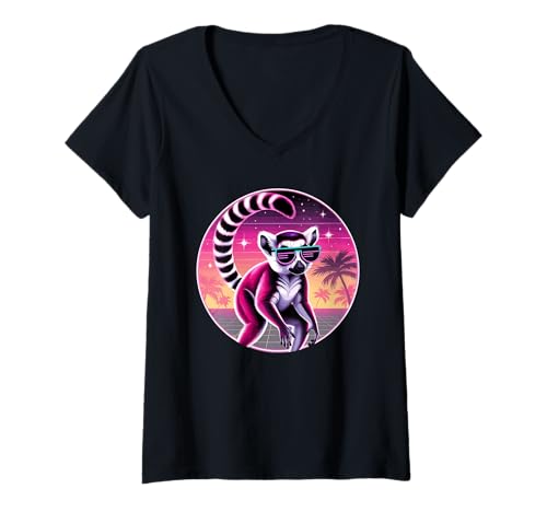 Damen Retro Synthwave Lemur Sonnenbrille Lemuren T-Shirt mit V-Ausschnitt Damen Retro Synthwave Lemur Sonnenbrille Lemuren T-Shirt mit V-Ausschnitt von Lemurs Lemur Lover Gifts