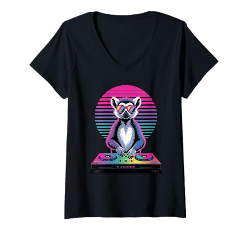 Damen Synthwave Lemur DJ Sonnenbrille Lemuren T-Shirt mit V-Ausschnitt Damen Synthwave Lemur DJ Sonnenbrille Lemuren T-Shirt mit V-Ausschnitt von Lemurs Lemur Lover Gifts