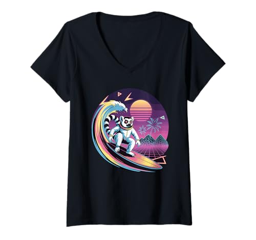 Damen Synthwave Surfer Lemur Astronaut Lemuren T-Shirt mit V-Ausschnitt Damen Synthwave Surfer Lemur Astronaut Lemuren T-Shirt mit V-Ausschnitt von Lemurs Lemur Lover Gifts