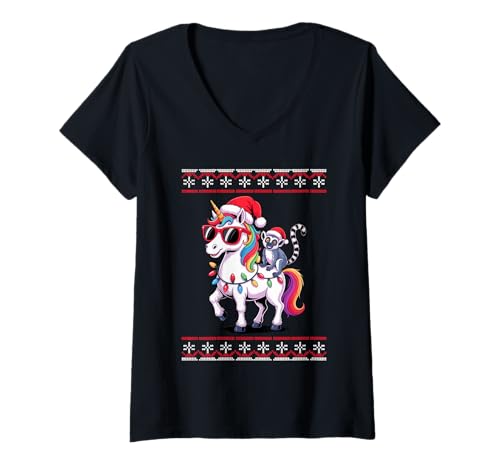 Damen Weihnachten Lemur Einhorn Sonnenbrille Lemuren T-Shirt mit V-Ausschnitt Damen Weihnachten Lemur Einhorn Sonnenbrille Lemuren T-Shirt mit V-Ausschnitt von Lemurs Lemur Lover Gifts