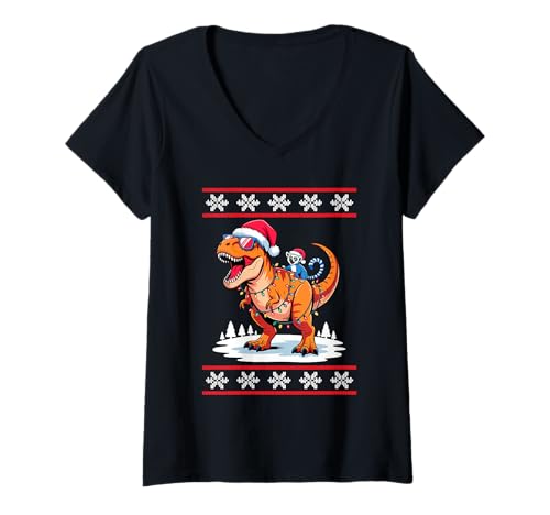 Damen Weihnachten Lemur T-Rex Dinosaurier Tyrannosaurus Rex T-Shirt mit V-Ausschnitt von Lemurs Lemur Lover Gifts