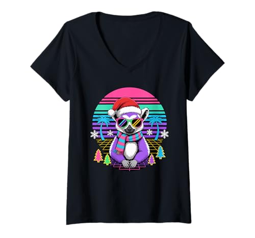 Damen Weihnachten Synthwave Lemur Sonnenbrille Lemuren T-Shirt mit V-Ausschnitt von Lemurs Lemur Lover Gifts