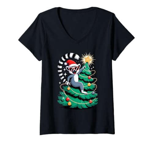 Damen Weihnachtsbaum Lemur Sonnenbrille Lemuren T-Shirt mit V-Ausschnitt Damen Weihnachtsbaum Lemur Sonnenbrille Lemuren T-Shirt mit V-Ausschnitt von Lemurs Lemur Lover Gifts