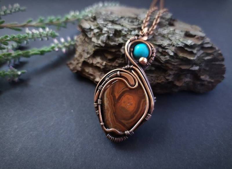 Achat Halskette Wirewrap Anhänger Draht Gewickelt Schmuck Kupfer Amulett Handgefertigter Unisex Geschenk von LenaSinelnikArt