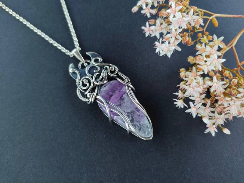 Amethyst Sterling Silber Halskette Wire Wrap Anhänger Handgemachte Mond Schmuck Handwerker Geschenk Für Sie von LenaSinelnikArt