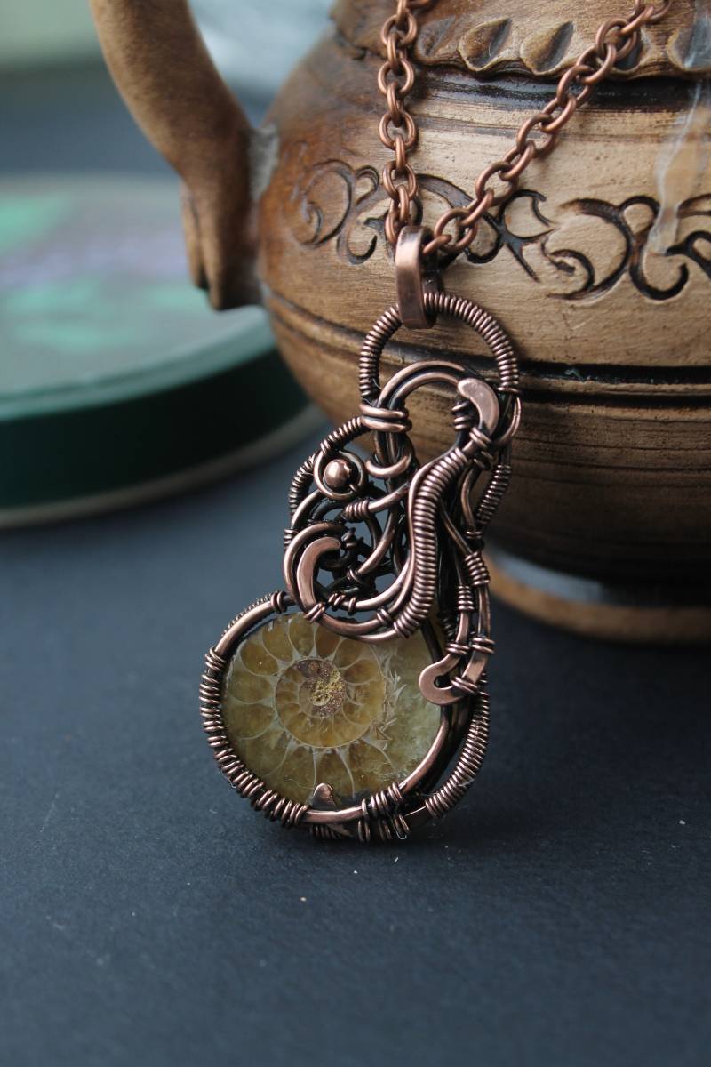 Ammonit Anhänger Draht Gewickelt Kupfer Halskette Geschenk Für Sie Boho von LenaSinelnikArt