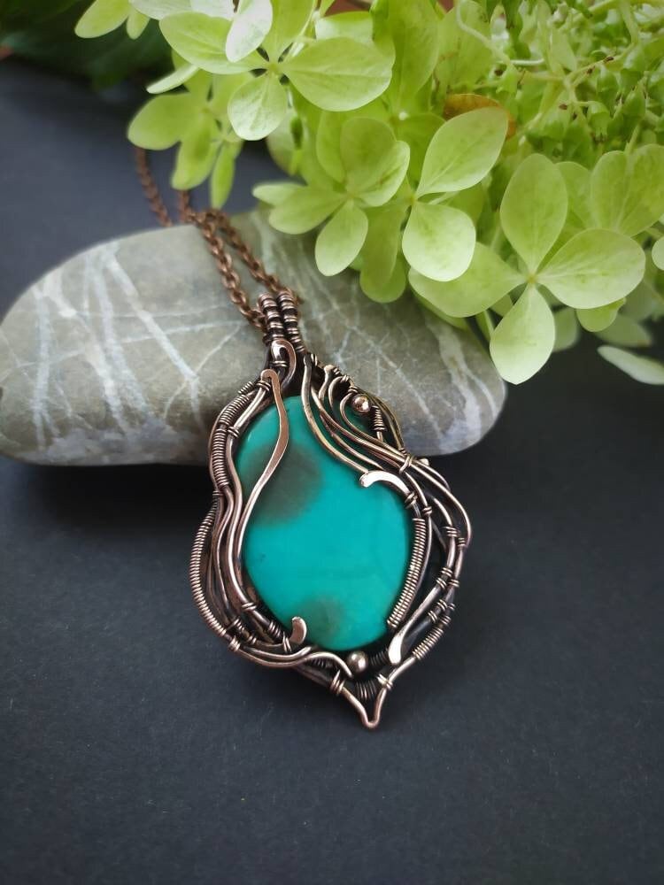 Artisan Kupferdraht Gewickelt Halskette Draht Schmuck Edelstein Geflochten Anhänger Handmade Mutter Geschenk von LenaSinelnikArt