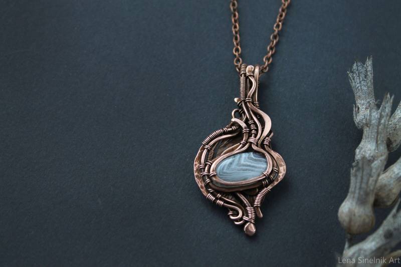 Berauschender Wire Wrap Achat Wire Anhaenger Handgemachter Kupfer Artisan Freeform Freundin Geschenk von LenaSinelnikArt