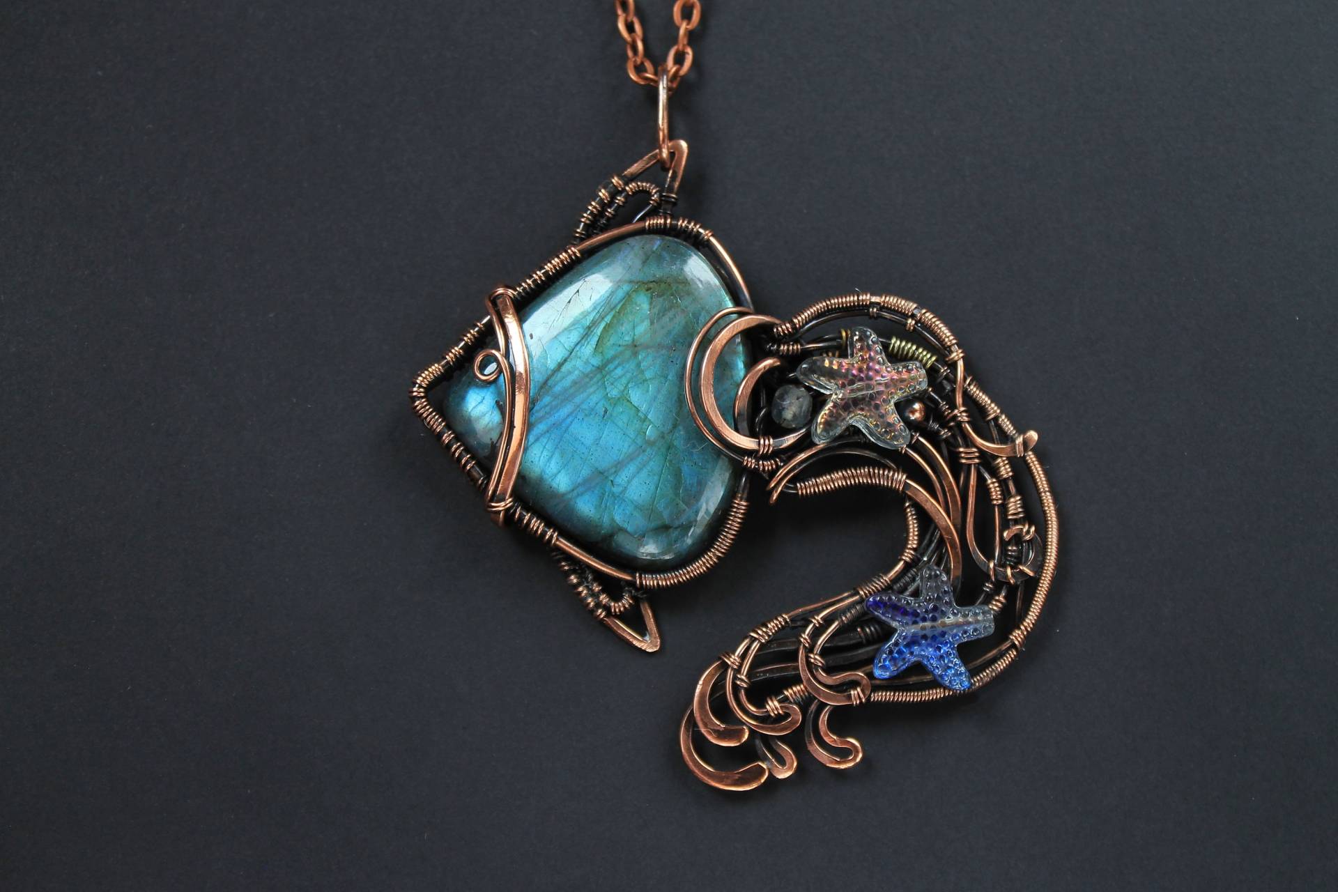 Blau Labradorit Anhänger Fisch Halskette Draht Gewickelt Schmuck Kupfer Big Stein Boho Einzigartiges Geschenk Für Sie von LenaSinelnikArt