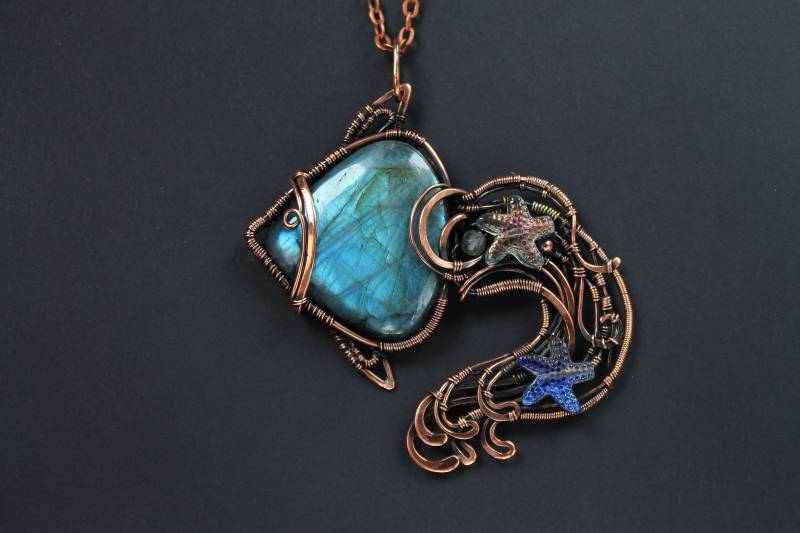 Blau Labradorit Anhänger Fisch Halskette Draht Gewickelt Schmuck Kupfer Big Stein Boho Einzigartiges Geschenk Für Sie von LenaSinelnikArt