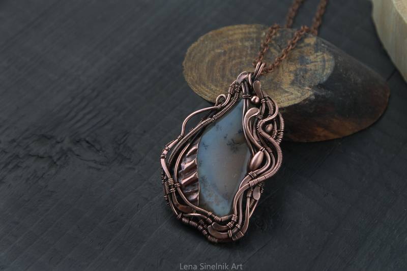 Dendriten Achat Anhänger Draht Gewickelt Boho Kupfer Schmuck Wirewrap Halskette Kupferschmuck von LenaSinelnikArt
