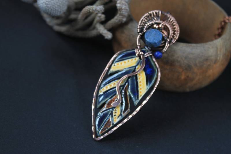 Feder Keramik Handwerker Halskettekupfer Koralle Anhänger Wire Wrap Halskette Kupfer Boho Hochzeitsgeschenk Für Sie von LenaSinelnikArt