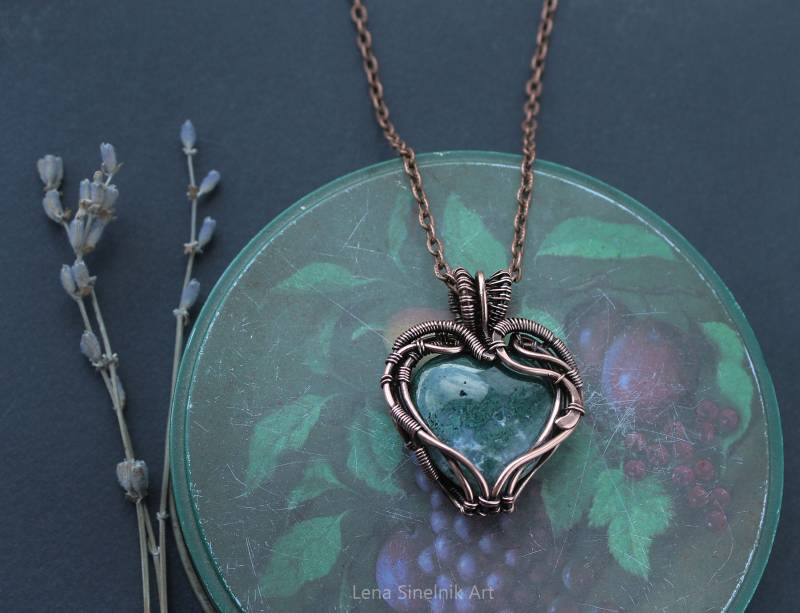 Herz Achat Halskette Wire Wrap Anhänger Draht Gewickelt Schmuck Heady Wirewrap Handmade Woodland Copper Mutter Geschenk von LenaSinelnikArt