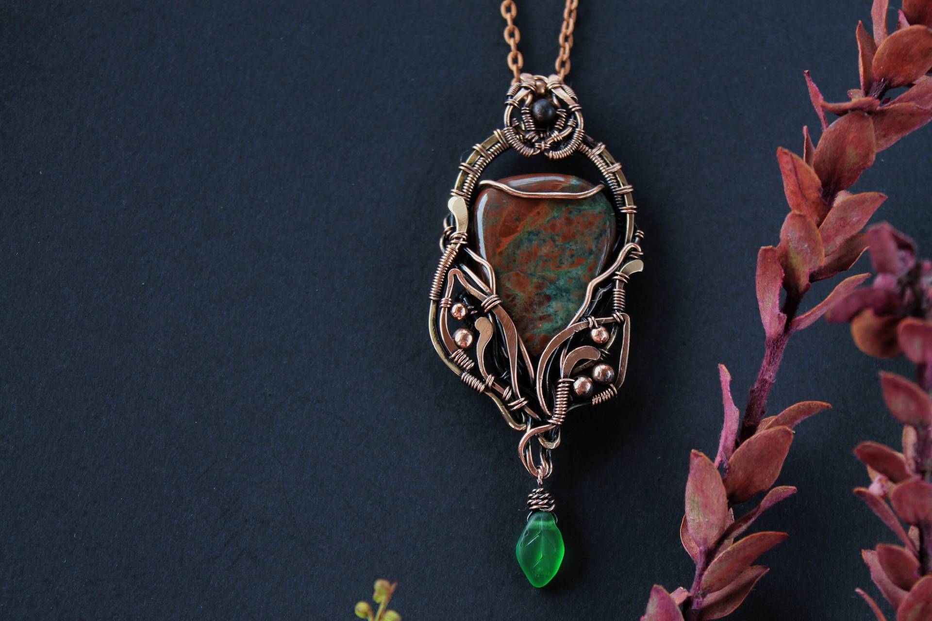 Jaspis Anhänger Wirewrapped Halskette Wald Inspiriert Schmuck Frauen Kupfer Boho Geschenk Für Ihre Mutter von LenaSinelnikArt