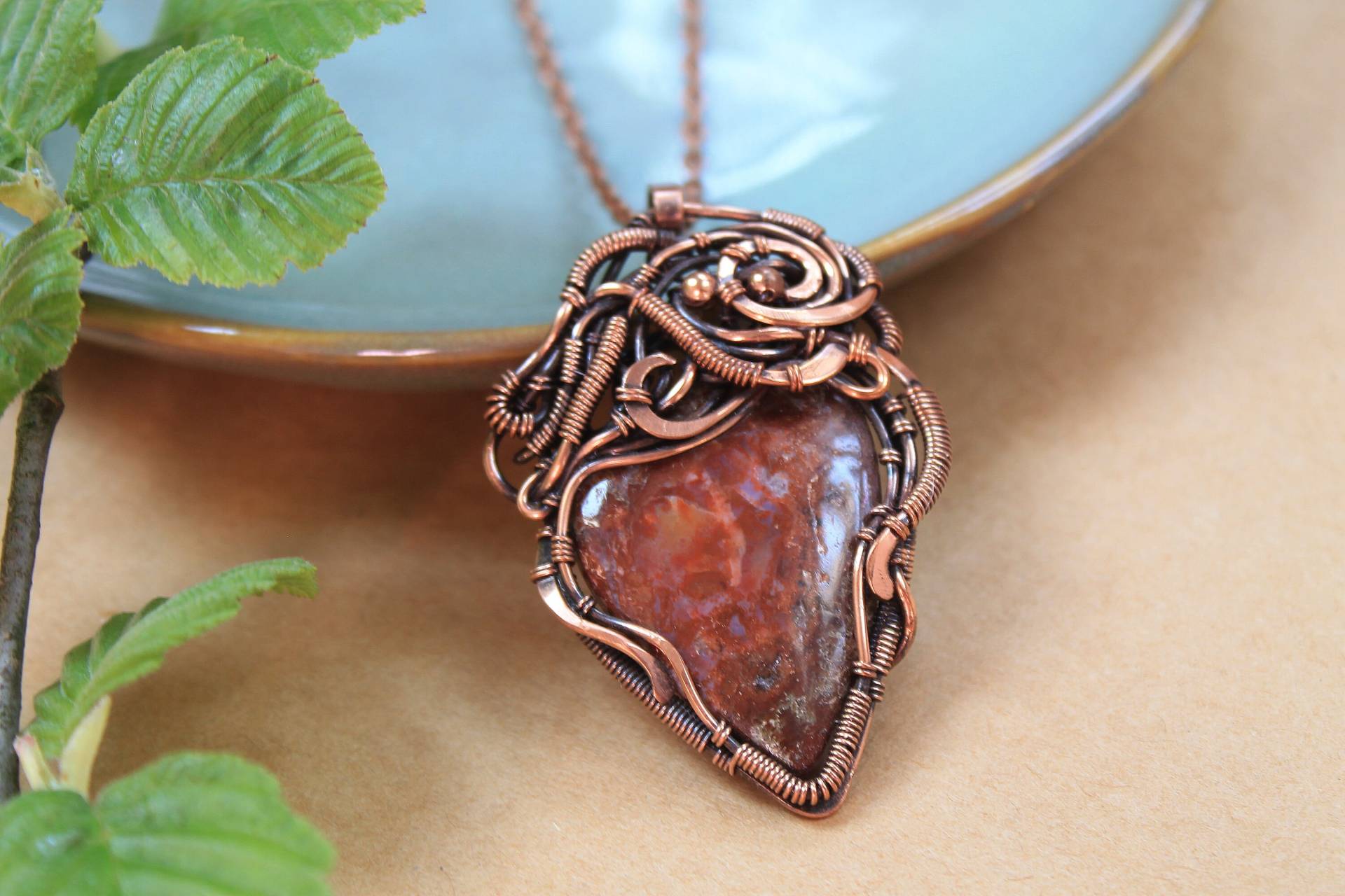 Jaspis Boho Anhänger Großer Stein Draht Gewickelt Halskette Artisan Kupfer Coulomb Edelsteine Geschenk Für Ihr Original von LenaSinelnikArt