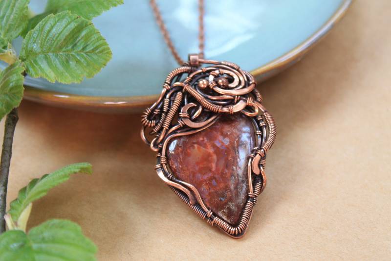 Jaspis Boho Anhänger Großer Stein Draht Gewickelt Halskette Artisan Kupfer Coulomb Edelsteine Geschenk Für Ihr Original von LenaSinelnikArt