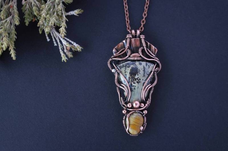 Jaspis Kupfer Anhänger Original-Schmuckgeschenk Wire Wrap Schmuck Unisex Edelsteine Einzigartige von LenaSinelnikArt