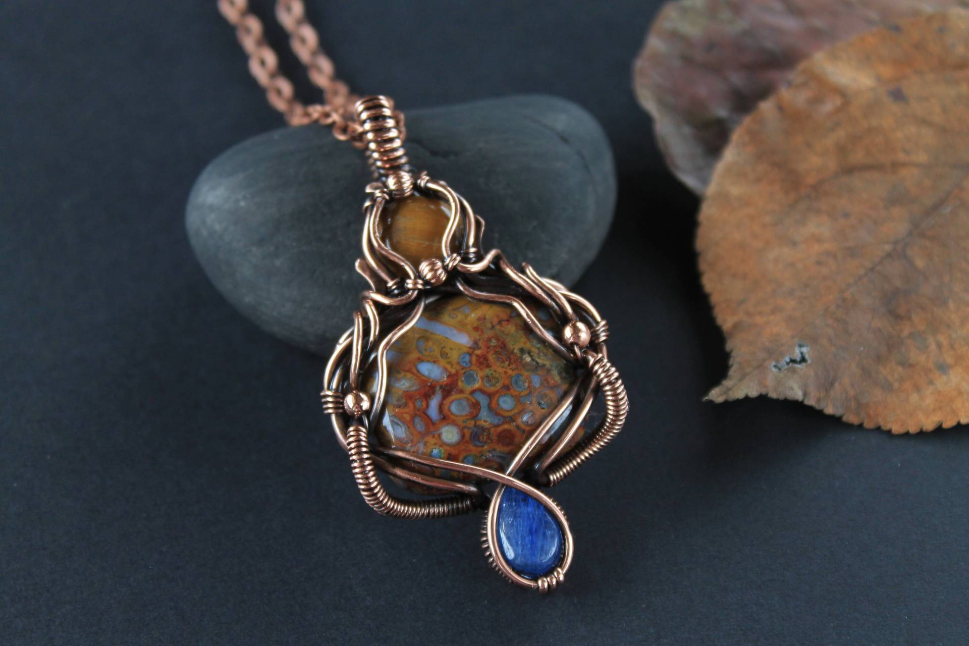 Jaspis Kyanit Anhänger Multistones Draht Gewickelt Halskette Heady Wirewrap Handgemachtes Original Weihnachtsgeschenk Natur Nspired Schmuck von LenaSinelnikArt