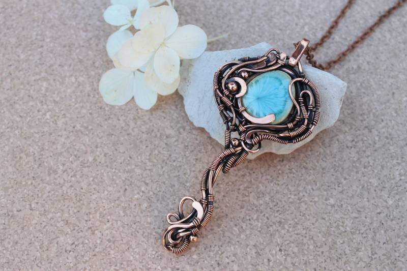 Keramik-Schlüssel-Anhänger Wire Wrap Halskette Key Handmade Artisan Copper Schmuck Wirewrap Boho Anhänger Wirewrapped Ooak von LenaSinelnikArt