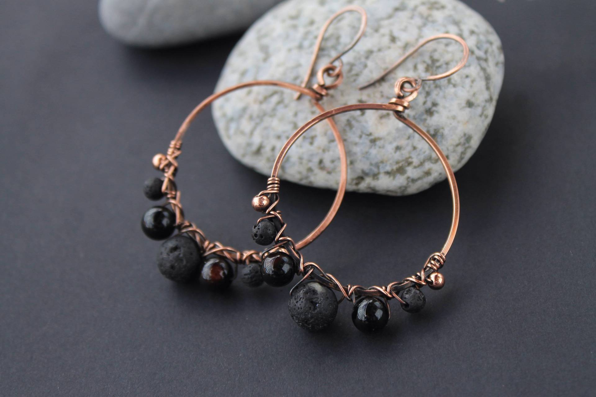 Kreis Kupfer Lava Ohrringe Antike Jewelryy Draht Gewickelt Rustikal Boho Lange Schlicht Schmuck 7 von LenaSinelnikArt