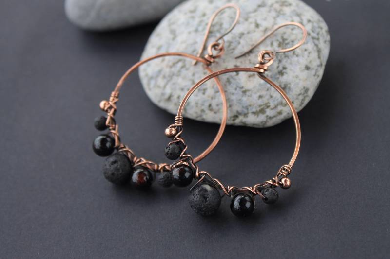 Kreis Kupfer Lava Ohrringe Antike Jewelryy Draht Gewickelt Rustikal Boho Lange Schlicht Schmuck 7 von LenaSinelnikArt