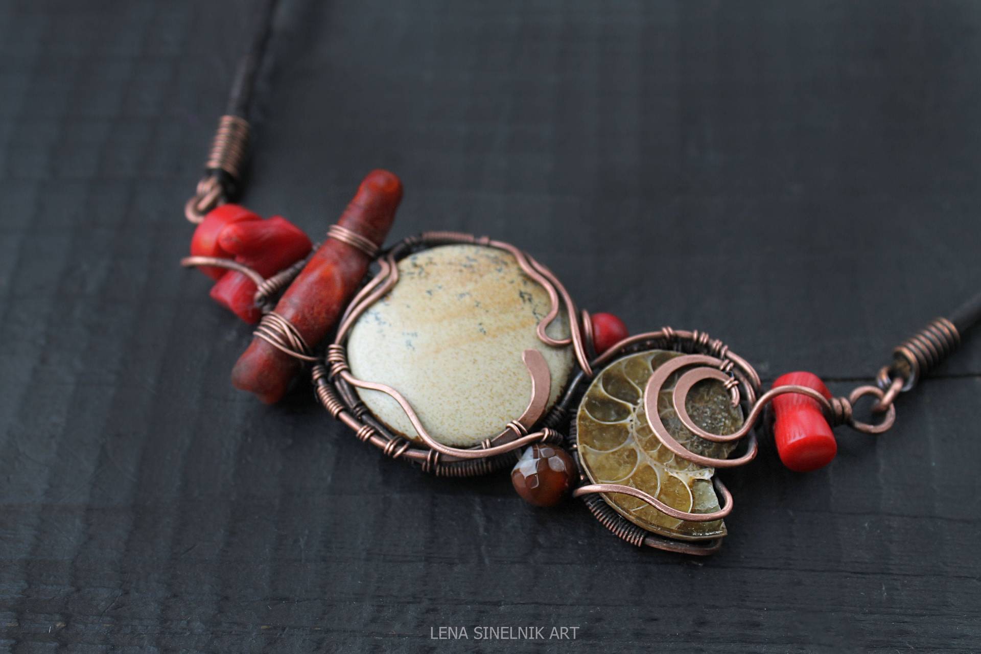 Kupfer Halskettewire Gewickelt Anhänger Multistone Halskette Wire Wrap Draht Schmuck Handgemachte Koralle Jaspis Ammonit von LenaSinelnikArt