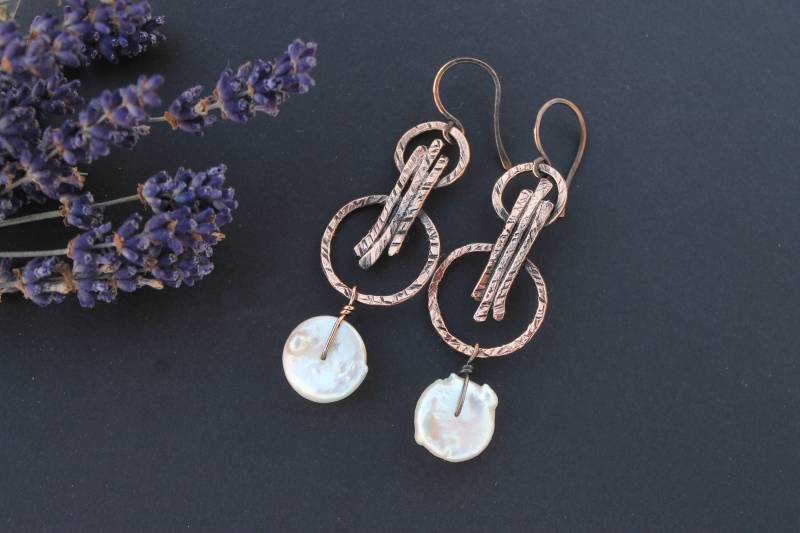 Kupferohrringe, Perlenohrringe, Metallarbeiten-Ohrringe, Kupfer-Hummerschmuck, Geschenk Für Sie, Rustikale Boho-Ohrringe, Sommerschmuck, Originelles von LenaSinelnikArt