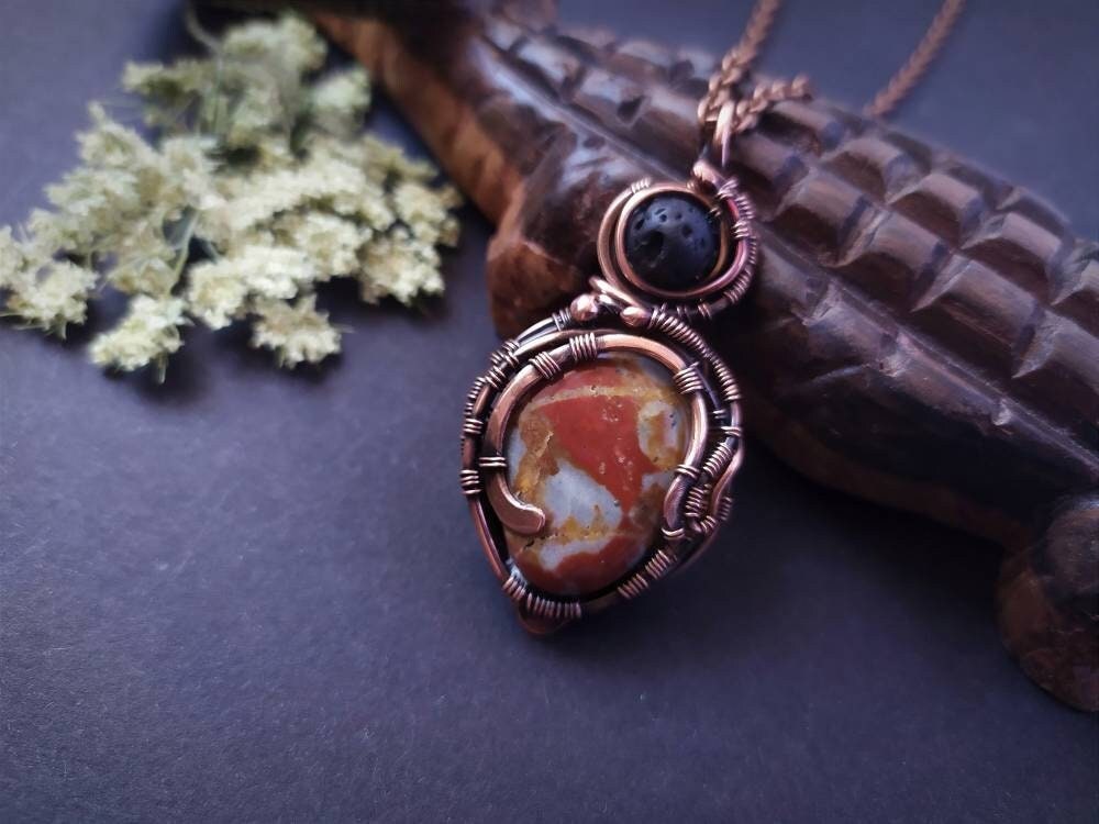 Kupferschmuck Unisex Anhänger Wirewrapped Halskette Kupferkette Wire Wrap Schmuck Jaspis Handgefertigter Anhänger, Einzigartiges Geschenk Für Ihn von LenaSinelnikArt