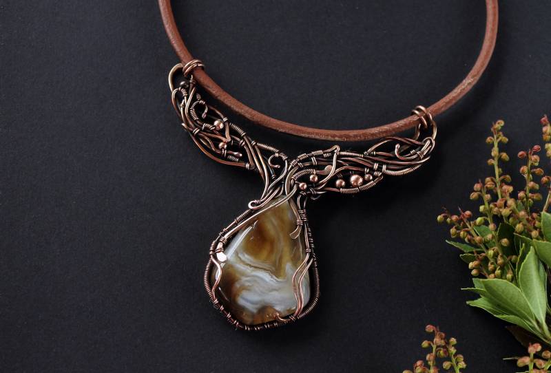 Natürlicher Achat Draht Gewickelt Halskette Wickelte Schmuck Geschenk Für Sie von LenaSinelnikArt