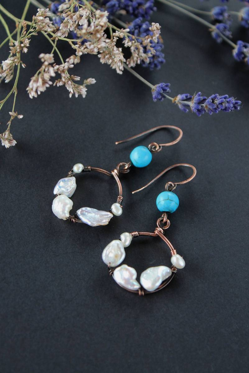 Perlen Ohrringe Draht Gewickelt Kreis Kupfer Türkis Sommer Schmuck Handwerker Antiqued Copper 7Th Jahrestag Geschenk von LenaSinelnikArt