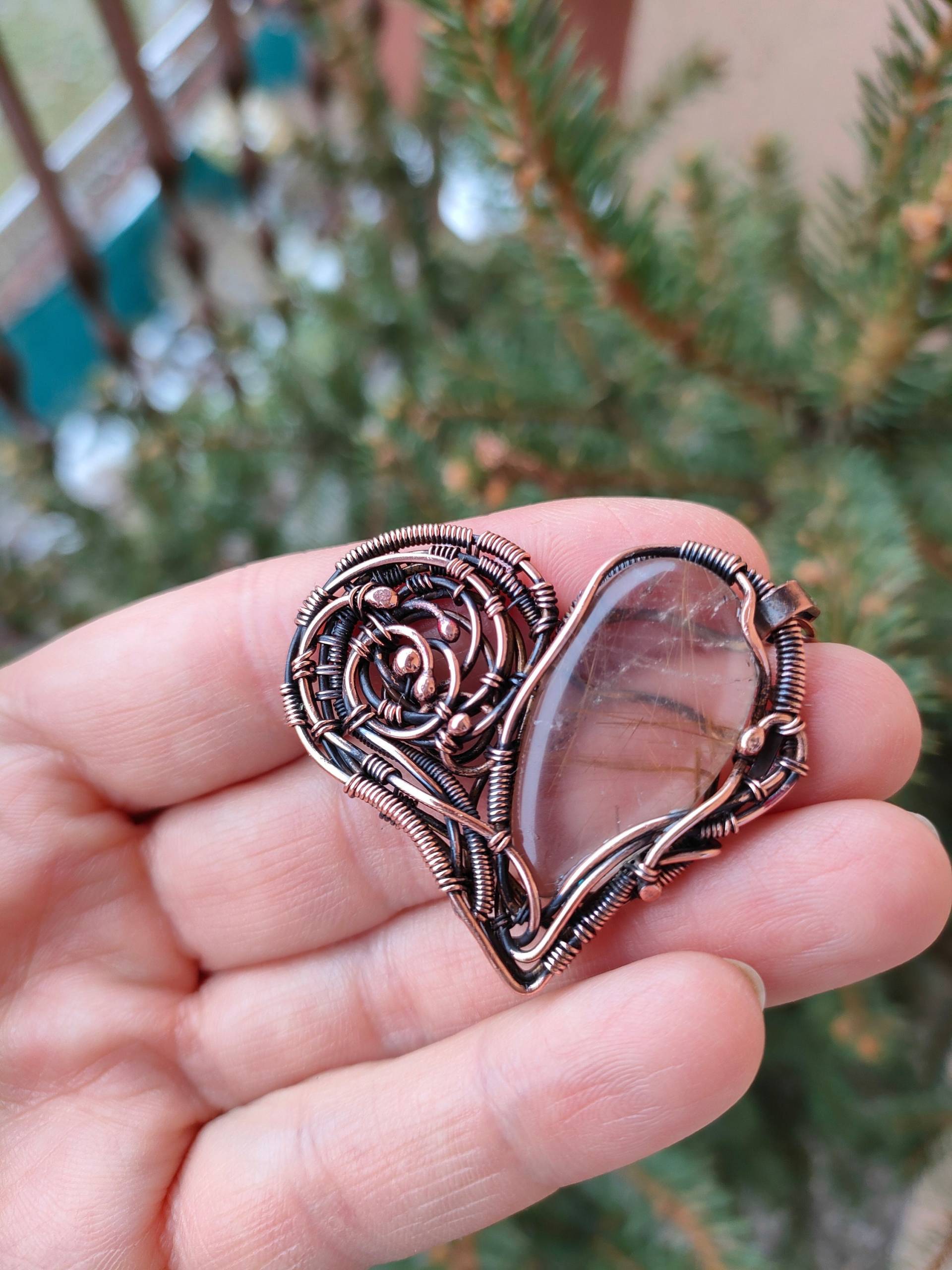 Rutilquarz-Anhänger, Herz-Anhänger, Draht Umwickelt, Kupfer-Anhänger, Umwickelte Halskette, Umwickelter Schmuck, Handgefertigter Anhänger von LenaSinelnikArt